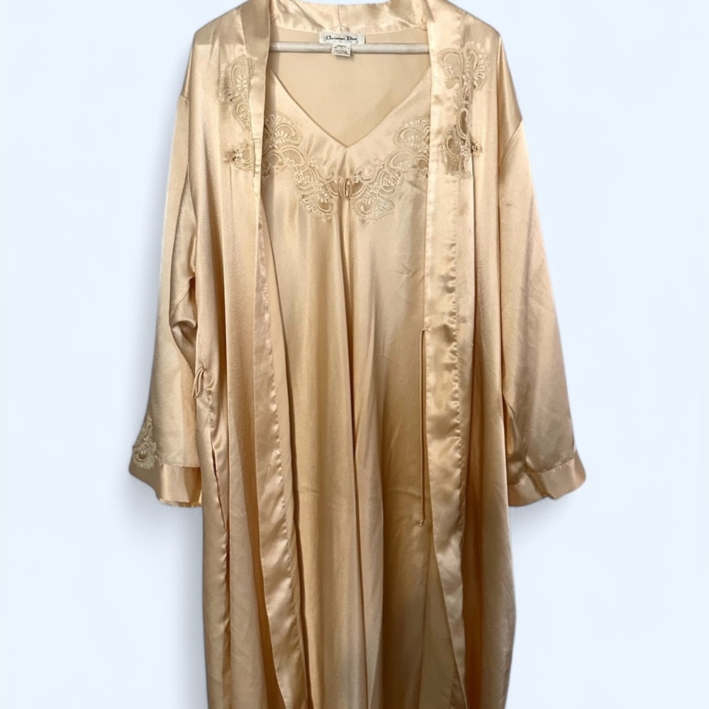 Vintage Christian Dior Cream Lace Robe and Slip Lingerie Pajama Set Size S